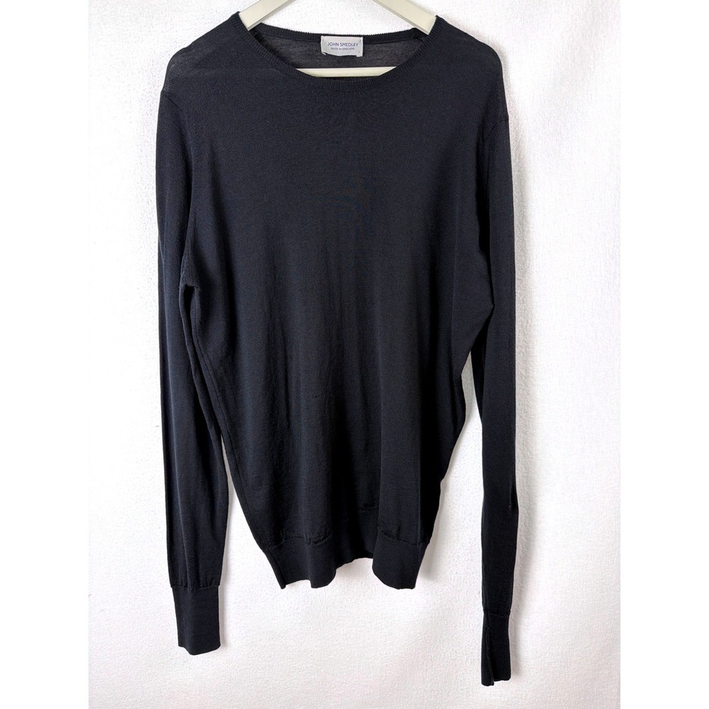 John Smedley Mens Black 100% Wool Crew Neck Sweater Made in England Size L
